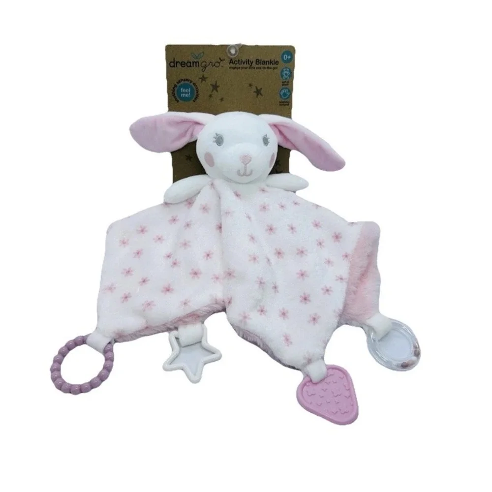 Dreamgro Pink Bunny Activity Blankie Lovey Plush Security Blanket 14